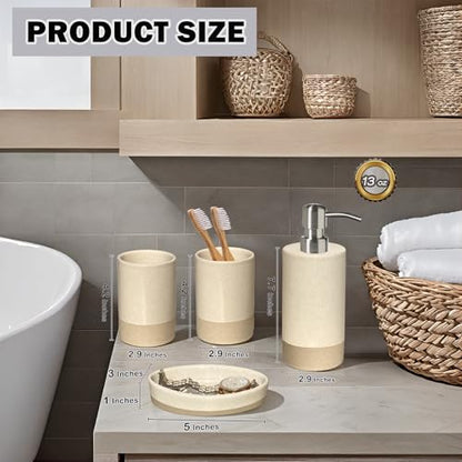 Bathroom Accessories Set 4, Beige Soap Dispenser for Bathroom, Toothbrush Holder,Tumbler Cup and Soap Dish, New Apartment Essentials, Modern Beige Bathroom Décor (Rustic) - style: Rustic