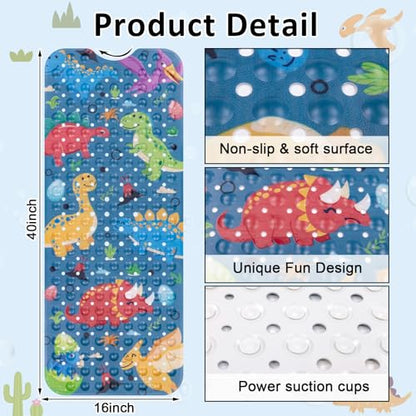 Topotdor Baby Bath Mat, Cartoon Bath Mat for Tub Non Slip Kids, 40x16 Inch Extra Long Toddler Bathtub Mat with Drain Holes & Suction Cups, Machine Washable Anti-Slip Shower Mat, Dinosaur - color: Dinosaur