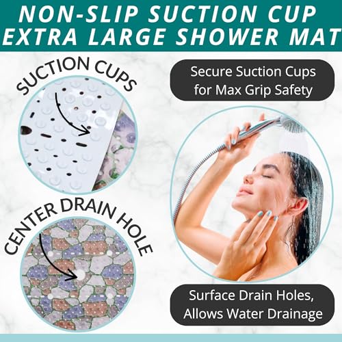 ENKOSI Square Shower Mat 27x27 inch - Anti Slip Shower Stall Floor Mat - Non Slip Shower Mats with Strong Secure Suction Cups and Drain Holes in Middle (27x27 Stone Path) - color: Stone Path