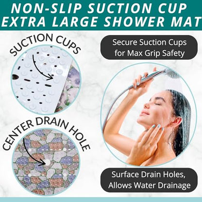 ENKOSI Square Shower Mat 27x27 inch - Anti Slip Shower Stall Floor Mat - Non Slip Shower Mats with Strong Secure Suction Cups and Drain Holes in Middle (27x27 Stone Path) - color: Stone Path