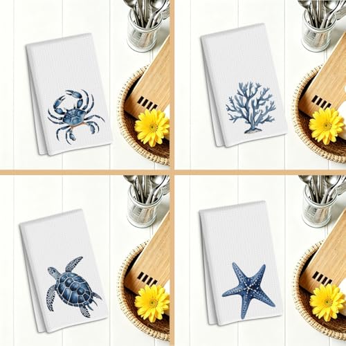 Coastal Kitchen Towels Set of 4, Crab Coral Sea Turtle Starfish Decorative Waffle Weave Dish Towel Hand Towel Tea Towels for Kitchen Bathroom Home Decor