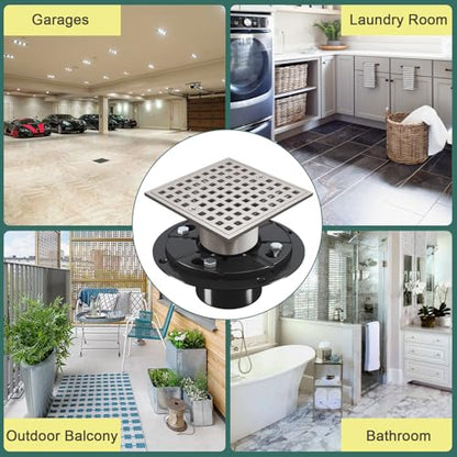 4 Inch Square Shower Floor Drain with Flange and Hair Strainer | SUS304 Stainless Steel, Anti-Clog, Brushed Nickel Shower Drain with Hair Catcher, Removable Grid Drain Cover, For Bathroom - color: Brushed Nickel