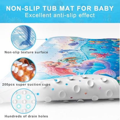 Upgrade Cartoon Baby Bath Mat Non Slip - 40"x16" Extra Long Bathtub Mat for Baby Eco Friendly Durable Bath Mat for Tub Non Slip Kids Tub Mat with Suction Cups, Machine Washable and No Fading, Mermaid - color: F-mermaid-3