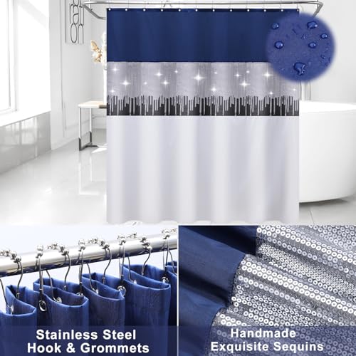 Bathroom Accessories Set with Sequin Shower Curtain, Navy Blue Bathroom Set with Trash Can,Towel Set,Shower Curtain Set - size: Bath Set+Shower Curtain, style: Navy Blue