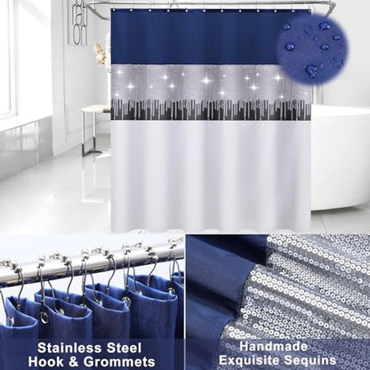 Bathroom Accessories Set with Sequin Shower Curtain, Navy Blue Bathroom Set with Trash Can,Towel Set,Shower Curtain Set - size: Bath Set+Shower Curtain, style: Navy Blue