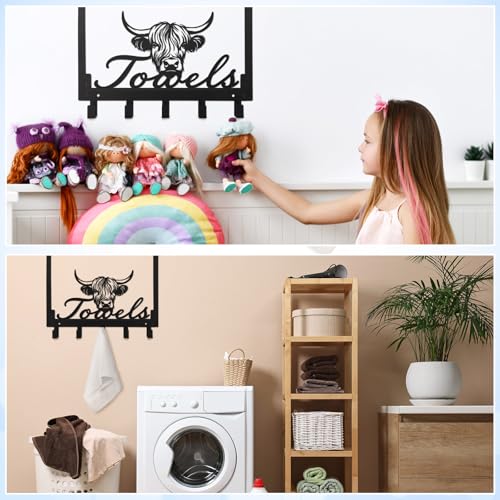 Kathfly Cute Chibi Highland Cow Over the Door Hooks Towel Hooks Heavy Duty Hanging Towel Rack Over Door Hanger, 5 Coat Hanger for Bedroom Bathroom Kitchen - color: Black, style: Cute Chibi Highland Cow