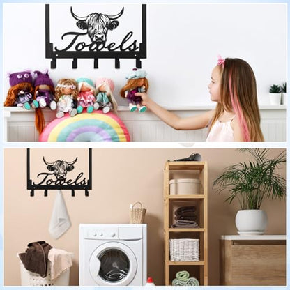 Kathfly Cute Chibi Highland Cow Over the Door Hooks Towel Hooks Heavy Duty Hanging Towel Rack Over Door Hanger, 5 Coat Hanger for Bedroom Bathroom Kitchen - color: Black, style: Cute Chibi Highland Cow
