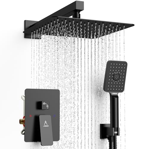 Rain Shower System 10IN Modern Brass Faucet Set With Valve and Diverter Shower Mixer With Handheld High Pressure Square Rainfall Shower Valve (10'' Wall Mount, Matte Black) - color: Matte Black, style: 10'' Wall Mount