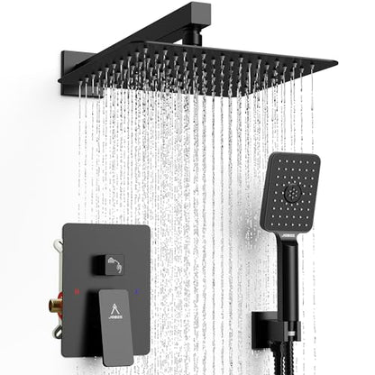 Rain Shower System 10IN Modern Brass Faucet Set With Valve and Diverter Shower Mixer With Handheld High Pressure Square Rainfall Shower Valve (10'' Wall Mount, Matte Black) - color: Matte Black, style: 10'' Wall Mount