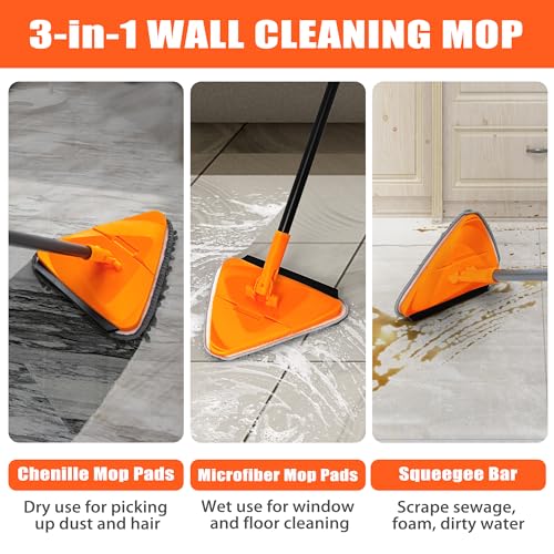 JEHONN Wall Mop with Long Handle 80 inches, Upgraded 180° Collapsible Baseboard Cleaner Tool with Squeegee, Ceiling Duster with 3 Microfiber and 3 Chenille Pads for Cleaning Window, Cabinet (Orange) - color: Orange