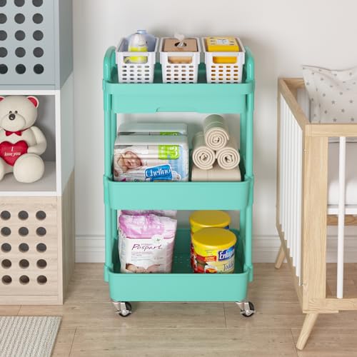 Calmootey 3-Tier Rolling Utility Cart with Drawer,Multifunctional Storage Organizer with Plastic Shelf & Metal Wheel,Storage Cart for Kitchen,Bathroom,Living Room,Office,Green | Space-Saving Organizer, Sturdy Plastic Shelves, Smooth-Rolling Metal Wheels,