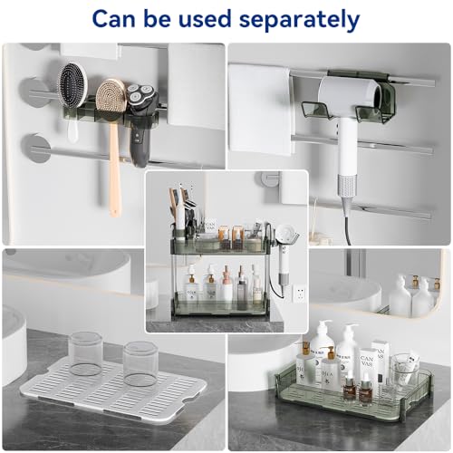 Bathroom Counter Organizer, 2 Tier Makeup Skincare Storage Tray with Hair Dryer Holder and Toothbrush Rack, Perfume Organizer Vanity Shelf for Countertop, Dresser (Transparency Green)