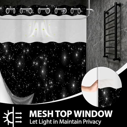 Star Space Hookless Shower Curtain with Snap in Liner, Black and White Watercolor Night Sky Galaxy No Hook Double Layer Shower Curtains and Liner Set, Waterproof Cloth Fabric, 71" W X 74" L - color: Black White, size: 71"W x 74"L (Pack of 1)