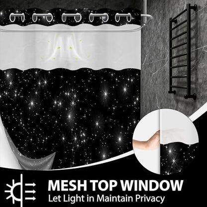 Star Space Hookless Shower Curtain with Snap in Liner, Black and White Watercolor Night Sky Galaxy No Hook Double Layer Shower Curtains and Liner Set, Waterproof Cloth Fabric, 71" W X 74" L - color: Black White, size: 71"W x 74"L (Pack of 1)