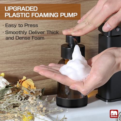 GMISUN Amber Foam Soap Dispenser, 8.5 Fl oz Amber Glass Foaming Hand Soap Dispenser for Bathroom & Kitchen, 2 Pcs Modern Refillable Foaming Soap Dispensers, Foam Pump Bottle with Label & Silicone Boot - color: Amber Bottle, size: 8.5 Fl oz with Silicone B