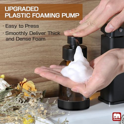 GMISUN Amber Foam Soap Dispenser, 8.5 Fl oz Amber Glass Foaming Hand Soap Dispenser for Bathroom & Kitchen, 2 Pcs Modern Refillable Foaming Soap Dispensers, Foam Pump Bottle with Label & Silicone Boot - color: Amber Bottle, size: 8.5 Fl oz with Silicone B
