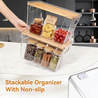 2-Pack Trash Bag Holder Dispenser with Bamboo Lid | Stackable Dispenser, Clear Plastic Organizer for Under Sink, Kitchen, Pantry, Laundry Room, Fits 13, 30, 33 Gallon Bags - size: 2 Pack