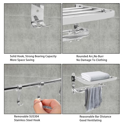 Foldable Towel Rack,Towel Hanger Towel Shelf with Double Towel Bars and Movable Hooks for Bathroom Lavatory,TTZEZE SUS304 Rustproof Modern Brushed Finish Towel Holder Wall Mount Silver (48cm/18.9'') - size: 48cm/18.9''