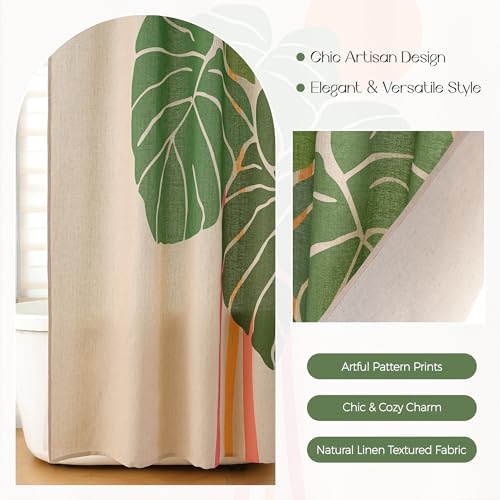 Monstera deliciosa Linen Shower Curtain Set with Liner,72" Wx72 L | Double Layer Shower Curtain Waterproof Fabric with Zippered Removable PEVA Liner,Boho Shower Curtain for Bathroom,Free Hooks - color: Pink Monstera