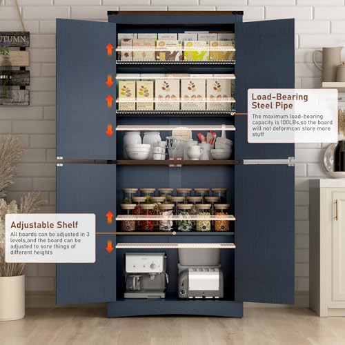 Hlivelood 71" Tall Kitchen Pantry,Farmhouse Storage Cabinet with Adjustable Shelves,Load-Bearing Steel Pipe,Farmhouse Pantry Cabinet with 4 Barn Doors,for Kitchen,Dining Room,Living Room(Blue) - color: Blue