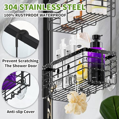SHANSHUI Shower Hanging Caddy, Double Bathroom Showers Organizer Basket, Shampoo Bracket, Over Door Shower Rack with Hooks, 304 Stainless Steel Rustproof - size: 10.81"D x 4.7"W x 13.6"H