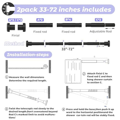 Shower Curtain Rod Spring Tension:2Pack Black Shower Rods for Bathroom 33 to 72 Inch,1 Inch Modern Heavy Duty Adjustable Tension Shower Curtain Rod No Drilling No-Slip Easy Install,Matte Black - color: Black, size: 【33''-72''】2 Pack
