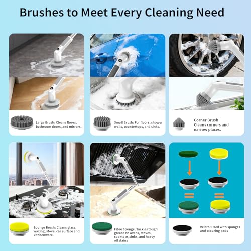 Electric Spin Scrubber Cordless IPX7 Waterproof Electric Scrubber | Cleaning Brush Bathroom Scrubber with 6 Brush Heads, Extendable Long Handle Power Scrubber for Bathtub Floor