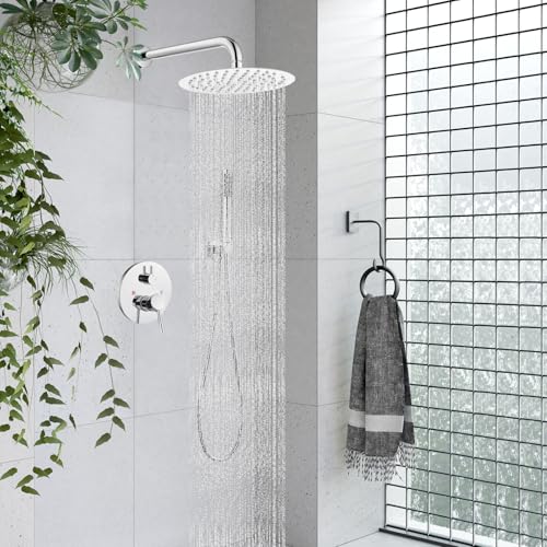 gotonovo Shower Faucet Set with Rough-in Valve Trim Kit,Polish Chrome | 10 Inch Round Rain Showerhead with Handheld Spray,Bathroom Wall Mount Shower System Complete Combo,2-in-1 Diverter,All Metal - color: Chrome