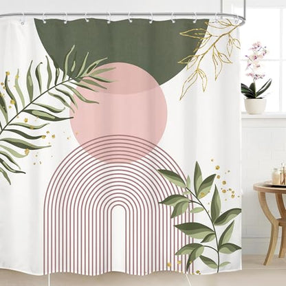 Green Pink Boho Bohemian Abstract Sage Bathroom Shower Curtain Set | Geometric look; 72"W x 72"L. waterproof HD print, quick-dry fabric and free hooks for easy setup. - color: A-07pink Green, size: 72"W x 72"L (Pack of 1)