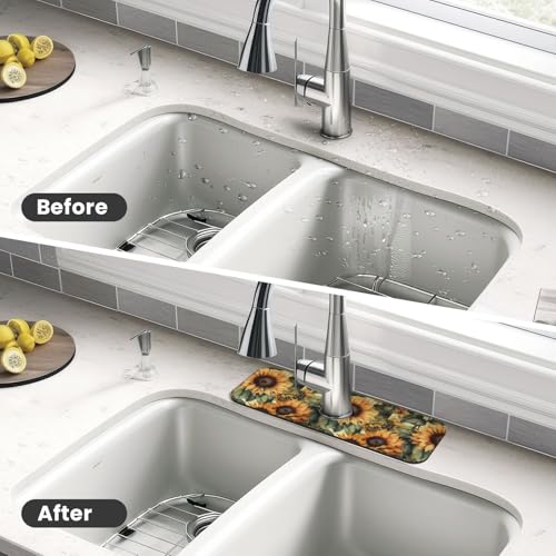 Diatomite Faucet Mat for Kitchen Fast Drying Sink & Bathroom Counter, Super Absorbent Water Sink Protectors Prevent Moisture Buildup, Sink Splash Guard Sunflower Pattern - color: Sunflowers1