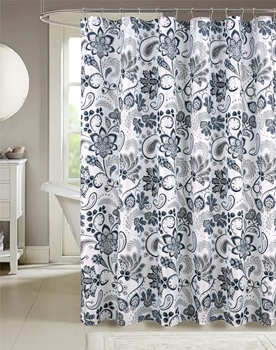 Serafina Home Hotel Quality Navy Gray Grey Fabric Bathroom Shower Curtain: Paisley Floral Leaf Damask Design on White (72 x 70 inches) - color: Jacobean