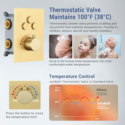 Thermostatic Shower System, Waterfall Shower Head(Brushed Gold) | 22-Inch Rain & Waterfall Large Shower Head, High Pressure Handheld Sprayer, 3 Modes Push Button Valve - color: Brushed Gold