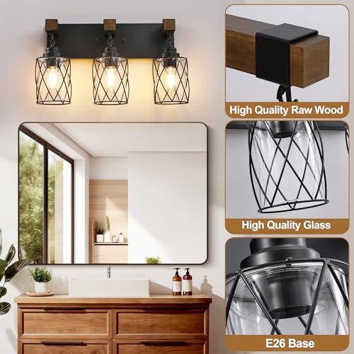 Bathroom Light Fixtures,Farmhouse Black Metal with Glass Shade | 3 Light Rustic Vanity Lights, Wood Accent Wire Cage Design, Mounts Over Mirror, Ideal for Bedroom & Hallway,Easy to Install - size: 3-Light
