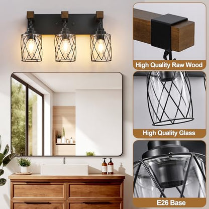 Bathroom Light Fixtures,Farmhouse Black Metal with Glass Shade | 3 Light Rustic Vanity Lights, Wood Accent Wire Cage Design, Mounts Over Mirror, Ideal for Bedroom & Hallway,Easy to Install - size: 3-Light