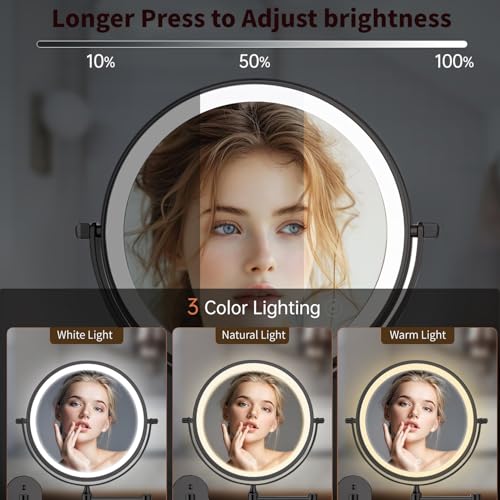 8.5" Wall Mounted Lighted Makeup Mirror, 3000 mAh Rechargeable Double-Sided 1X 10X Magnifying Mirror, 3 Color Lighting, Touch Screen Dimming, Extended Arm 360 Rotation Bathroom Mirro, Black - color: Black Wall-mounted