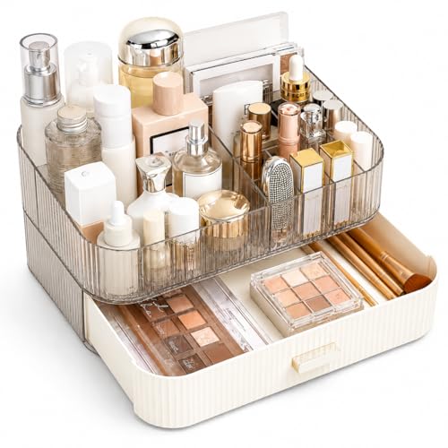 Makeup Organizer with Wide Drawer for Vanity, Stackable Cosmetic Organizer Countertop, Clear Skincare Storage for Bathroom Counter, Perfume, Lipstick, Brushes and Palettes, Cream White - color: Cream White, size: 1 Tray + 1 Drawer
