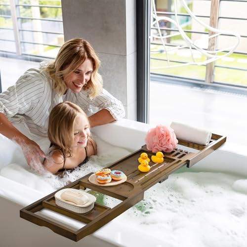 Luxury Teak Bathtub Tray - Foldable Bath Caddy with Expandable Handles, Wine Glass & Phone Holder, Book Stand - Enhance Home Spa Experience with Natural Material - Relaxing & Reading, Light Walnut - color: Light Walnut