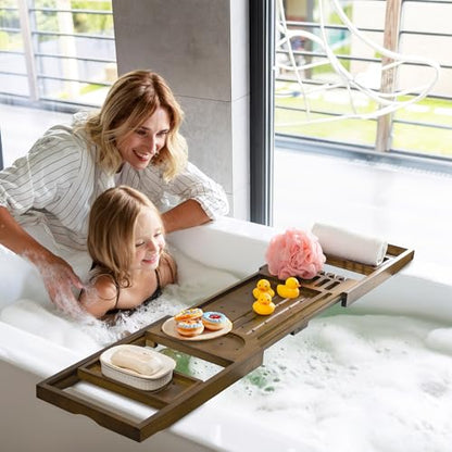 Luxury Teak Bathtub Tray - Foldable Bath Caddy with Expandable Handles, Wine Glass & Phone Holder, Book Stand - Enhance Home Spa Experience with Natural Material - Relaxing & Reading, Light Walnut - color: Light Walnut