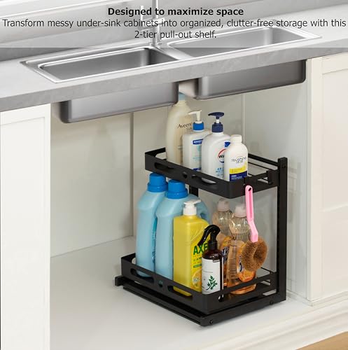 Adjustable Height Under Sink Pull-Out Organizer 2-Tier Sliding Shelf Rack Heavy-Duty Mesh Baskets for Kitchen & Bathroom Cabinets Ideal for Tall Bottles Cleaning Supplies & Tight Spaces - size: Single