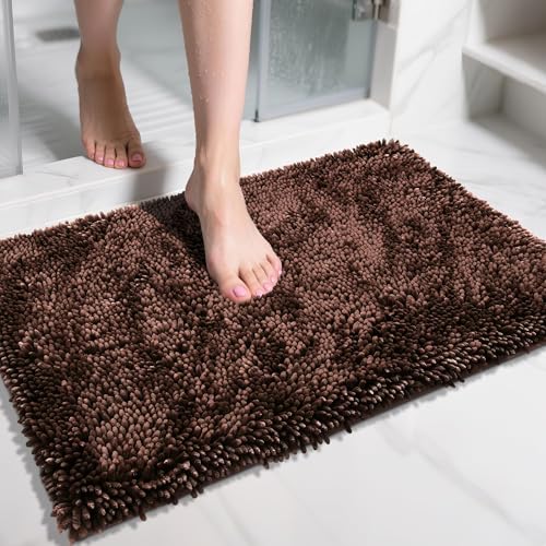 Yimobra Chenille Bathroom Rugs Non Slip, Extra Thick Soft Absorbent Bath Rug 31.5x20 Inch, Machine Washable Quick Dry Bath Mat for Bathroom Floor, Tub and Shower, Home Decor Accessories, Brown - color: Brown, size: 31.5" X 20"