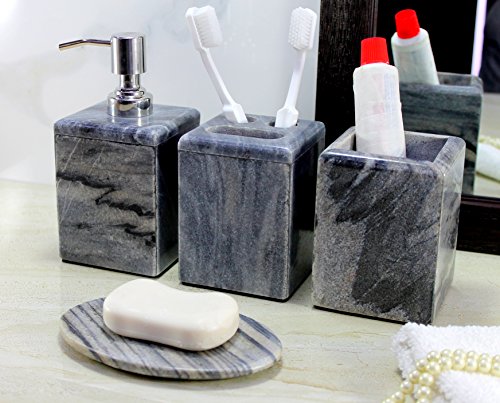 KLEO - Bathroom Accessory Set Made from Natural Stone - Bath Accessories Set of 4 Includes Soap Dispenser, Toothbrush Holder, Tumbler and Soap Dish (Grey)