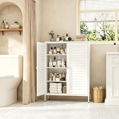 VASAAOSD Metal Bathroom Storage Cabinet, 40.1” Floor Buffet Cabinet White | Adjustable Shelves, Metal, Fluted Doors, Small Storage Sideboard for Bathroom, Kitchen, Living Room, Dining Room, Entryway