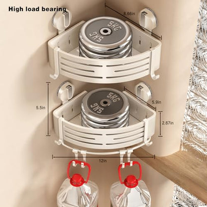 Corner Shower Caddy Suction Cup Shower Shelf Corner No Drilling Bathroom Shower Organizer Storage Rack Adhesive with Towel Bar Hooks(2-Pack, Ivory)