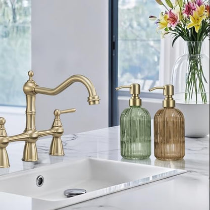 16 OZ Amber Glass Soap Dispenser, Amber Stripe Bathroom Hand Soap Dispensers with Stainless Steel Brushed Gold Pump,Brown Glass Kitchen Hand Soap Dispenser with Brushed Gold Pump - color: Brushed Gold + Amber, size: 1-Pack