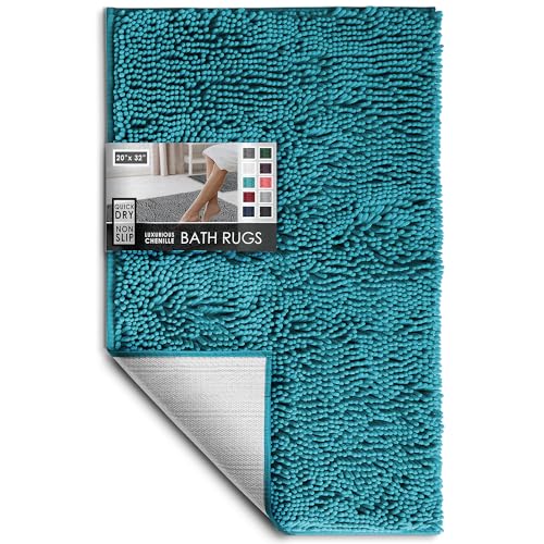 Hearth & Harbor Bathroom Rugs, Chenille Bath Mat - Machine Washable Bath Mats for Bathroom Non-Slip Backing Rubber, Quick Dry Bathroom Mat - color: Teal, style: 20 x 32