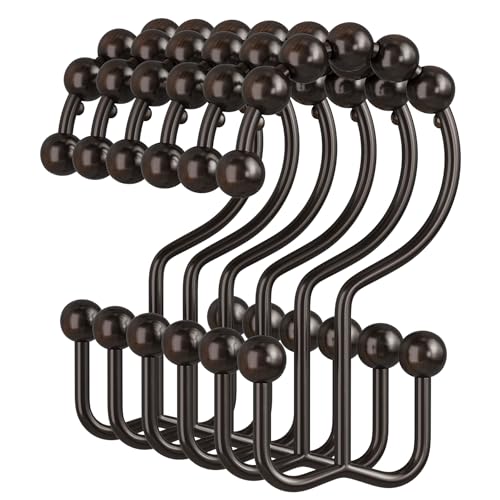 Shower Curtain Rings, Rust-Resistant Metal Double Shower Hooks for Curtain Rolling Shower Curtain Hooks Rings Shower Rings for Bathroom Shower Curtain Rod, Bronze, Set of 12 Rings - color: Bronze, style: Modern - Double Hooks
