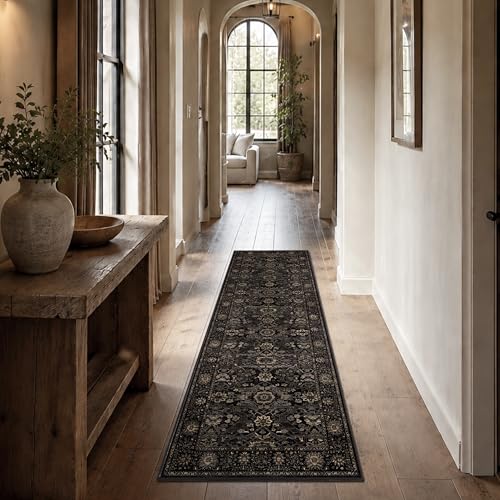 Zeeinx 2x6 Washable Runner Rugs for Hallway Kitchen Runner Rug Black Gold | Low Pile Non-Slip Vintage Distressed Runners Rug for Entryway Accent Throw Carpet for Hallway Bathroom Bedroom - color: Black Gold, size: 2'*6'(Runner)