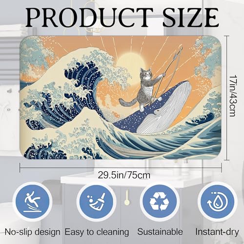Funny Cat Riding Shark Bath Mat, Japanese Ocean Waves Bathroom Rugs, Absorbent Bath Rug Floor Rug Carpet for Bathroom Bathtub Bedroom Living Room, 17 x 29.5 Inches - color: Funny Cat Riding Shark