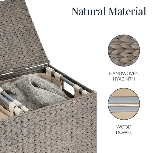 Best Choice Products Large Double Laundry Hamper with Lid, Natural Handwoven Water Hyacinth, 2 Sections w/ 2 Machine Washable Linen Liner Bags, Portable, Handles - Gray - color: Gray