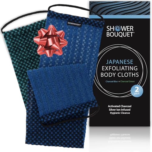 SHOWER BOUQUET Japanese-Exfoliating-Washcloth 2-Pack Charcoal & Silver Ion | Exfoliating Towel & Handles | 2-Sided Gentle Exfoliation & Deep Cleansing | Back & Body Wash Cloths for Shower | Blue + Green - color: Charcoal Blue + Charcoal Green, size: 1 Cou
